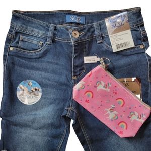 SQZ Rolled Ankle Crop Denim  Bonus Unicorn Coin Bag  Stretch  Girls Size 10  NEW